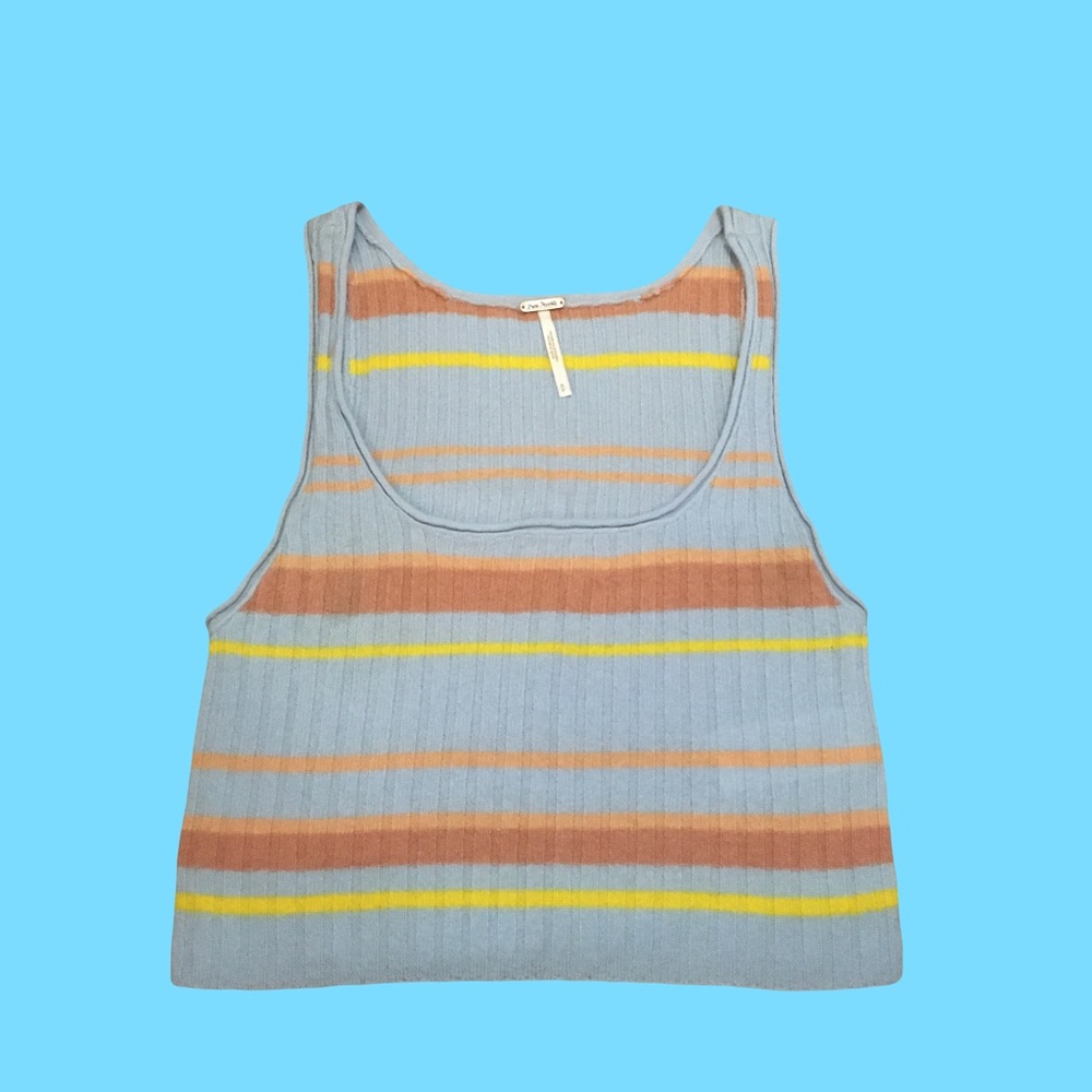 Free People SMALL Cashmere Knit Striped Tank Top Pastel Light Blue Yellow NWOT